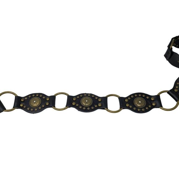 Unisex Vintage-Inspired Black Vegan Leather Belt Brass Concho Studs Chain Hip XL - Picture 5 of 9